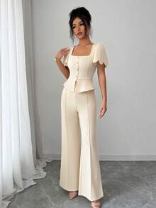 SHEIN Elenzya 女士时尚优雅通勤风两件套：方领短袖纽扣不对称下摆套头T恤和高腰弹力腰带宽松直筒裤 - 杏色 - 查看 3