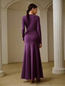 ZEYLAH 85% Cotton Turtleneck Long Sleeve Fitted Dress, Spring - Purple - View 3