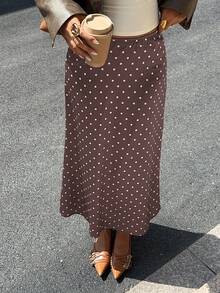 MainGRL Mocha Brown Satin Polka Dot Mermaid Hem Elegant Maxi Dress, Suitable For Women, New Year, Party Wear - Mocha Brown - View 3