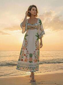 CAJUNI 热带度假可爱刺绣长裙 - 杏色 - 查看 5