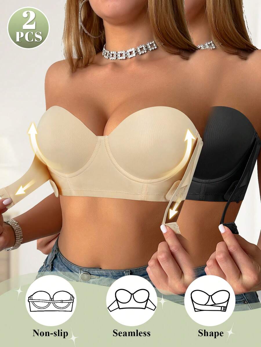 DesireSculpt 2pcs/Set Women's Underwire Front Closure Half Cup Push Up Bras - Multicolor - View 1