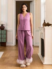 Elegant French Mature Lady Fashion Vest & Straight Leg Pants Two Pieces Pajama Set, Pink & Purple - Pink - View 3