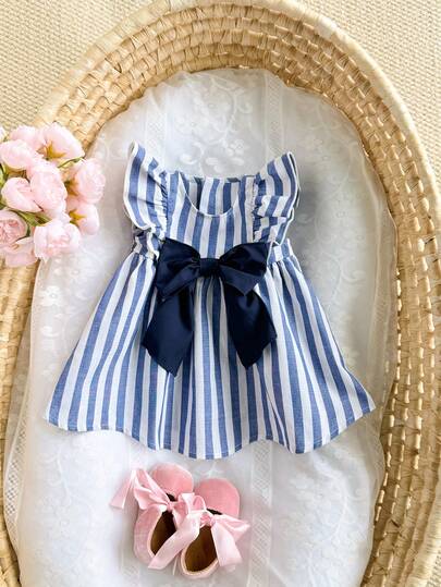 Newborn Baby Girl Cute Casual Vacation Blue & White Striped Bow Decor Dress