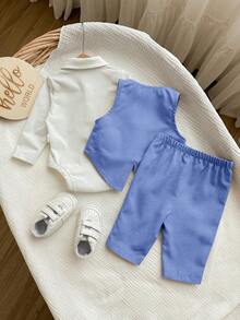 3件套新生男宝宝学院风可爱休闲背心外套、裤子和领结连体衣套装 - 藍色 - 查看 5