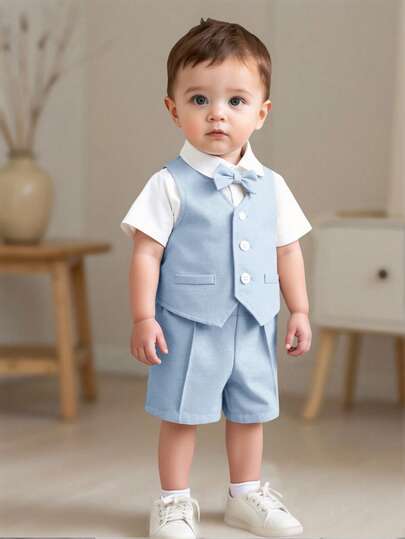 SHEIN 3pcs Baby Boy/Girl Gentleman Suit Set: White Short Sleeve Shirt, Vest, And Shorts/Pants. Elegant Outfit For Spring/Summer, Suitable For Birthday Party, Christening, 1st Birthday, Ceremony, Wedding, Etc.