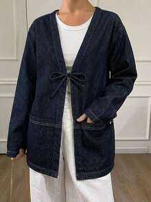 Livesso Women's Lace-Up Loose Denim Jacket, Autumn - Blue - View 5