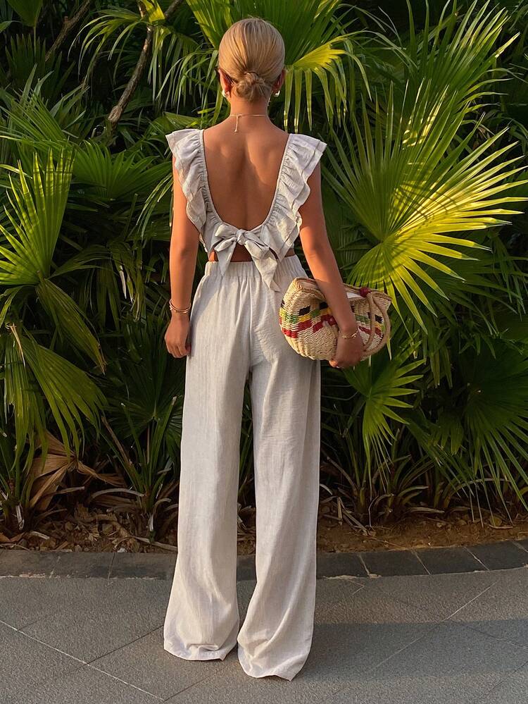 DAZY 女士纯色简约上衣和裤子两件套 - 灰色 - 查看 1