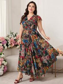 Reflora 大码女士优雅印花连衣裙，夏季婚礼宾客礼服 - 彩色 - 查看 6