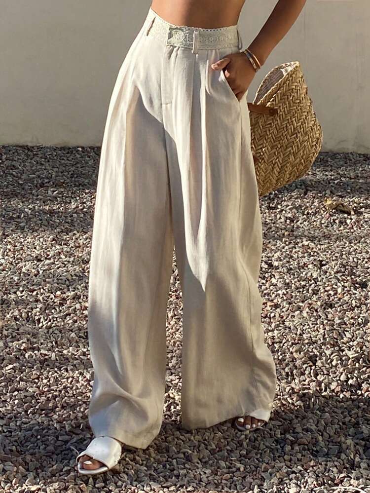 Women's Loose Flared Pants With Waist Lace Patchwork, Casual Vacation Wear For Spring/Summer