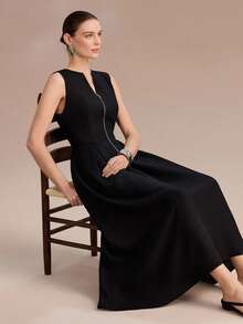 Uhlyne 极简主义前拉链无袖休闲度假连衣裙，收腰设计，宽褶裙摆，复古度假风，适合日常休闲和通勤穿着。 - 黑色 - 查看 7