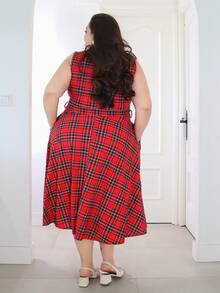 Pretty and Ole Vestido xadrez vintage elegante plus size feminino com bolsos e cinto, vestido longo casual para festa de fim de ano para Natal e Ano Novo, roupas de inverno para mulheres, traje de Natal para mulheres, roupas de Natal para mulheres, vestido de inverno, vestido de Natal feminino, vestido de ano novo, vestidos elegantes para mulheres, vestido de festa de Natal, vestidos de festa elegantes, vestidos elegantes para festa, vestido vermelho, traje de Ação de Graças para mulheres, roupas de ano novo - Vermelho - Ver 2