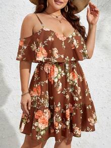 SHEIN VCAY 大码女式休闲露肩印花吊带裙 - 棕色 - 查看 3