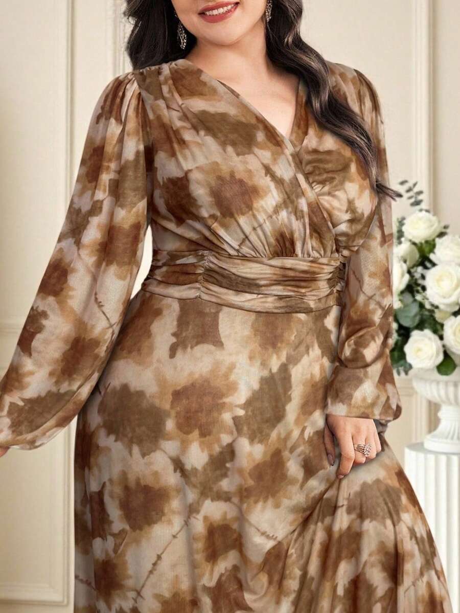 Modelyn 大码优雅派对全印花连衣裙 - 黃色 - 查看 1