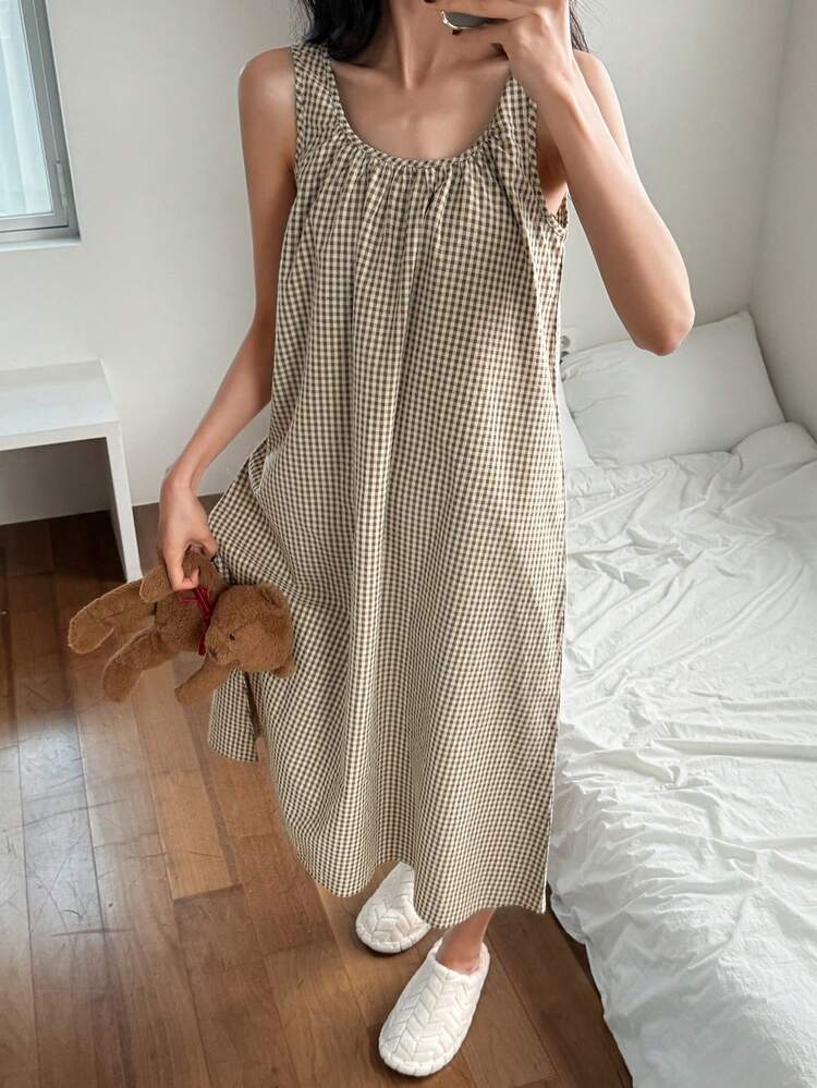 Plaid Pleated Sleeveless A-Line Dress, Women Loungewear