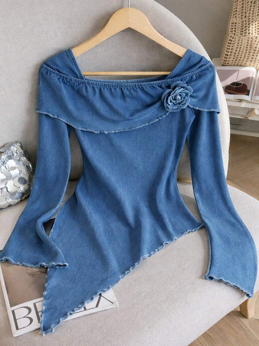 GlowEve Women's Casual 3D Floral Asymmetric Hem Lettuce Edge Denim Blouse, Autumn - Blue - View 1