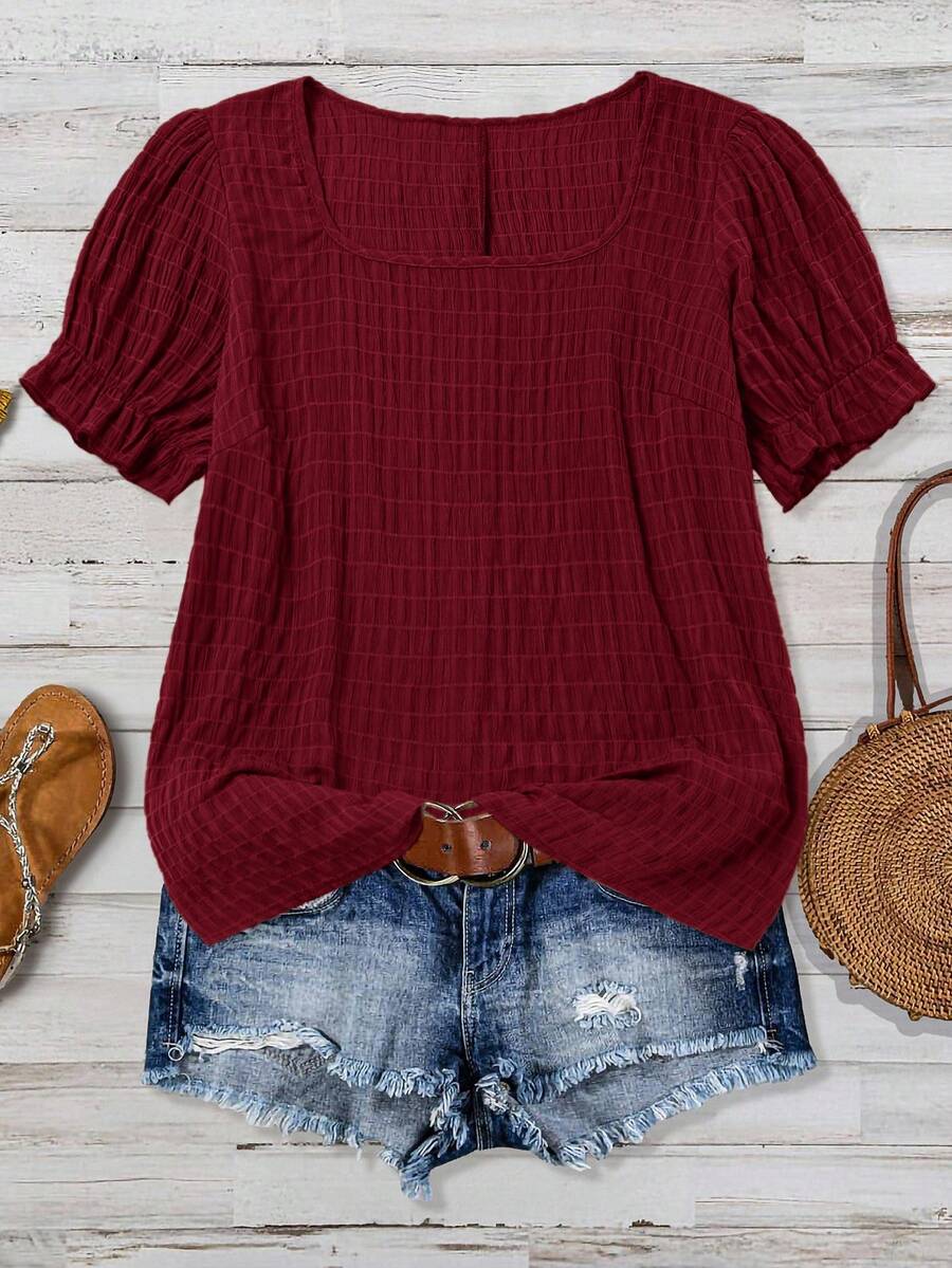 SHEIN VCAY Plus Size Plain Simple Short Sleeve Shirt - Red - View 1