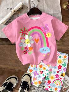 SHEIN 两件套女童休闲可爱印花短袖T恤和短裤套装，图案包括花朵、人脸、彩虹、昆虫和蝴蝶，适合夏季女童穿搭，春夏皆宜，夏季度假必备，波点元素，Y2K风格，女婴服装，套装，舒适春夏款式，轻松舒适 - 彩色 - 查看 2