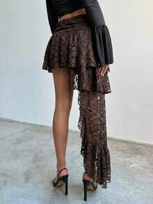 Aloruh Women's Asymmetrical Hem Ruffled Hem Bohemian White Lace Dress, Spring/Summer - Coffee Brown - View 2