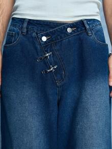 ROMWE MEN Street Life 男士休闲时尚街头日常通勤不对称腰带水洗宽松阔腿牛仔裤（不含腰带） - 藍色 - 查看 6