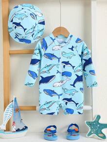 SHEIN 2件套男婴休闲可爱趣味海洋鲨鱼印花长袖泳衣和泳帽套装，适合外出、旅行、海滩、泳池、派对、春夏穿着 - 彩色 - 查看 11