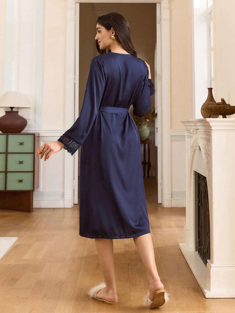Elegant Vintage French Lace Patchwork Faux Silk Long Loose Robe For Women, Navy Blue - Blue - View 2
