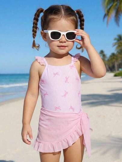 SHEIN 2pcs Baby Girl Casual Cute Bow Decor Fitted One-Piece Swimsuit + Cover-Up Set, Children Swimwear, Suitable For Vacation, Beach, Summer