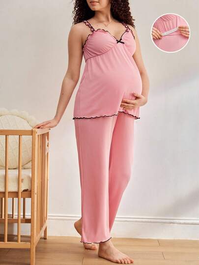 孕妇桑葚边蝴蝶结装饰吊带背心和可调节腰带睡裤套装