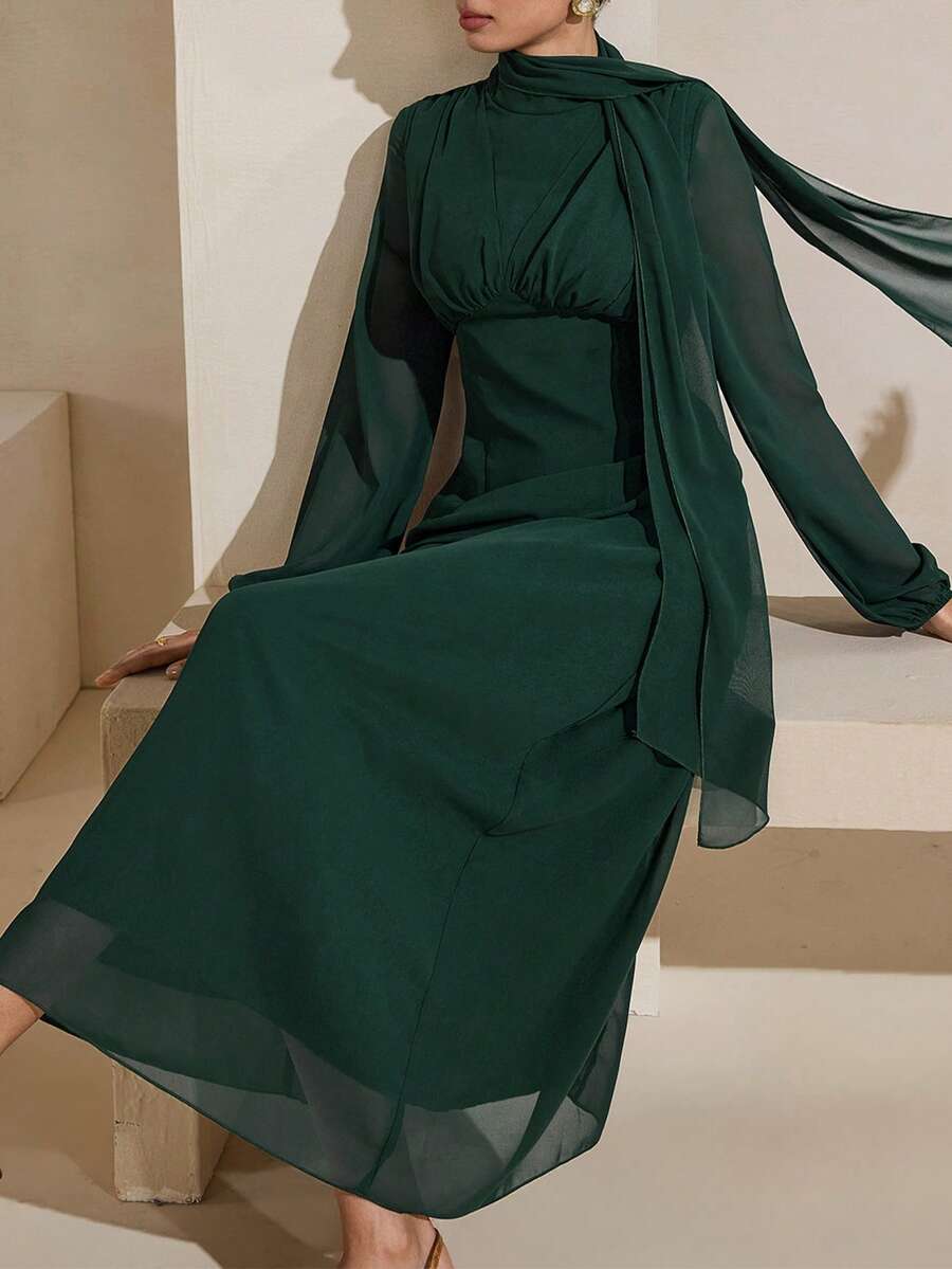 Graceveil Elegant Lace-Up Long Sleeve Green Chiffon Dress For Women - Green - View 1