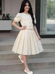 女童休闲优雅白色亮面提花珍珠纽扣开衫搭配百褶裙套装 - 杏色 - 查看 4