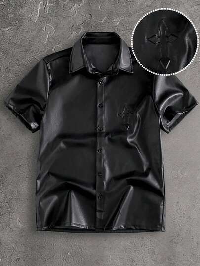 GENTILAND Men's Casual Solid Color Short Sleeve Shirt, Summer Men's Short Sleeve Shirt Men's Leather Shirt Gothic Button Up Shirt Men's Faux Leather Shirt Men's Black Shirt