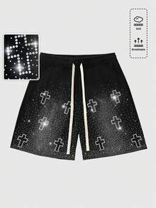 ROMWE MEN 男士抽绳腰带交叉水钻图案休闲百搭日常水洗短裤 - 黑色 - 查看 7