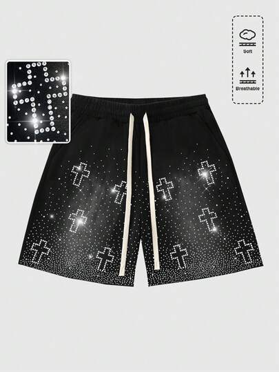 ROMWE MEN 男士抽绳腰带交叉水钻图案休闲百搭日常水洗短裤