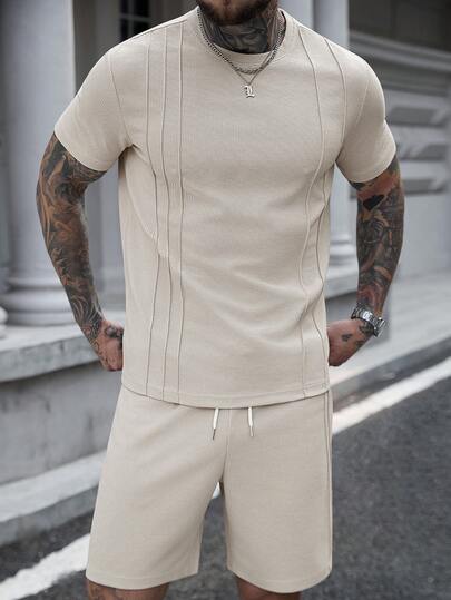 Manfinity CasualCool Men's Short Sleeve Textured Fabric T-Shirt Set, Suitable For Casual Wear At Home Or Outdoor Casual Two Piece Set Men Men Summer Sweatsuit Cream Outfit Men Beige Men Outfit Men Nude Outfit Daily Leisure, Weekend Trips, Travel Expeditions, Relaxed Work Environments , Boyfriend/Husband Gift, Anniversary /Birthday Gift Party Summer Vacation Holiday Old Money,Wedding