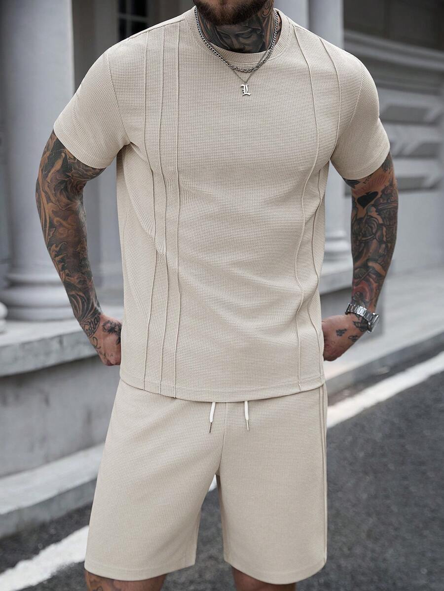 Manfinity CasualCool 男士短袖纹理面料T恤套装,适合居家或户外休闲穿着 - 杏色 - 查看 1