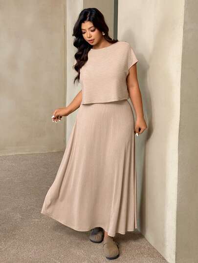 Auralis Loose Basic Ribbed Elastic Fabric Dropped Shoulder Short Sleeve Top & Loose A-Line Skirt/Plus Size 2 Piece Set/Casual Outfit/Round Neck Short-Sleeved Loose Top & Plus Size A-Line Long Skirt / Khaki Elegant Commuting/Work/Casual Outfit Set / High Elasticity / Casual/Vacation / Everyday Outing Curve Skirt Set Modest Two Piece Set Plus Size Two Piece Set Beige Two Piece Set Ribbed Two Piece Set Spring Casual Sets For Women Spring Outfit For Women