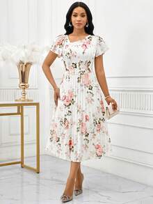 SHEIN Lady 女士碎花褶皱腰身优雅中长连衣裙，适合派对、春季、正式场合穿着。这款连衣裙款式多样，包括碎花连衣裙、休闲连衣裙、正式礼服、工作装、春季连衣裙、优雅连衣裙和碎花连衣裙。 - 彩色 - 查看 7