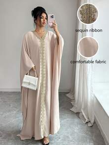 Elenzga Middle Eastern Style Embroidered V-Neck Loose Batwing Sleeve Maxi Dress - Apricot - View 3