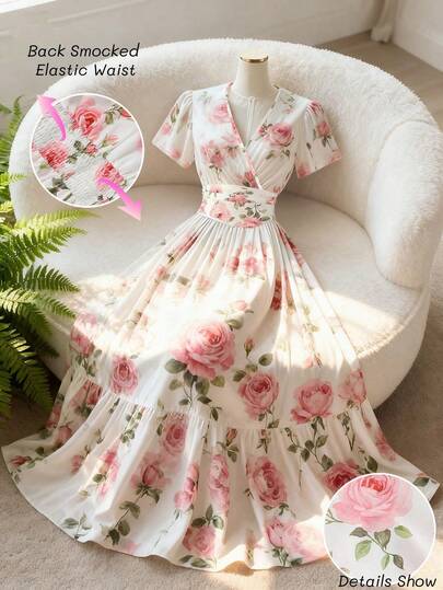 GlowEve Vestido corto de manga corta con cuello en V y cintura acampanada con estampado floral de rosas para mujer, elegante para uso diario, vacaciones, viajes, cita de San Valentín, estilo callejero francés, vintage, fiesta, base blanca con patrón de rosas rosadas, nueva llegada de primavera/verano temprano