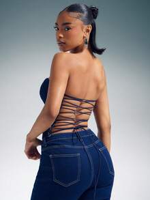 Denimoi 露背系带牛仔束身胸衣性感上衣牛仔套装时尚上衣 - 藍色 - 查看 5