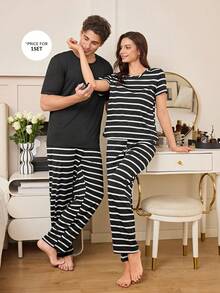 SHEIN Men's Striped Pocket Short Sleeve & Long Pants Casual Pajama Set - Black - View 7
