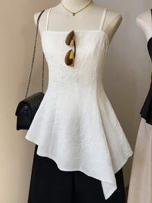 Resyla Asymmetrical Pleated Camisole Top, French Design, Flattering, Suitable For Summer Wear - White - View 1