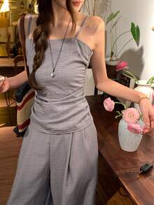 DAZY Conjunto informal de 2 piezas para mujer con top de tirantes plisado de unicolor y pantalones anchos plisados, conjunto de ropa de estar en casa para verano - Gris - Ver 2