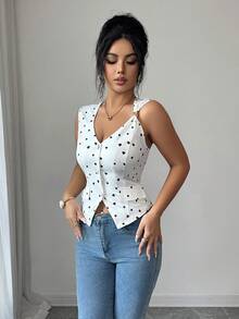 Selianne Women's Heart Print Single-Breasted Decorative Button Tank Top - White - View 1
