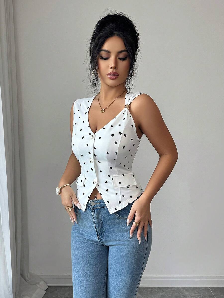 Selianne Women's Heart Print Single-Breasted Decorative Button Tank Top - White - View 1