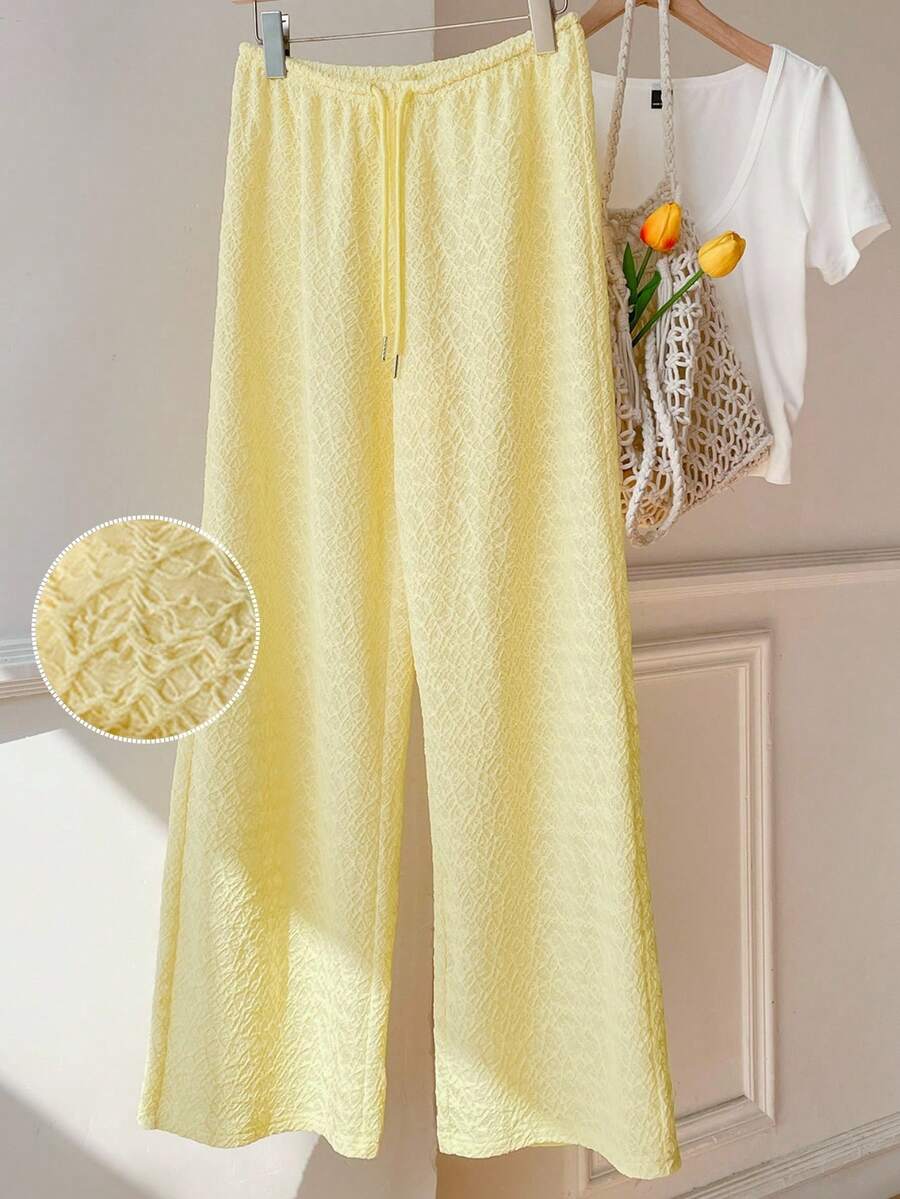 SHEIN EZwear 女士休闲黄色针织阔腿裤，夏季 - 黃色 - 查看 1