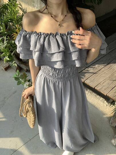 Livesso Women's Fashion Off-Shoulder Ruffle Wide Leg Jumpsuit