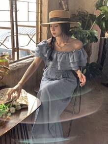 Livesso 女士时尚露肩荷叶边阔腿连体裤 - 灰色 - 查看 9