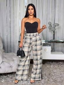 SOLERSUN Women's Spring Summer Casual Elegant Old Money Contrast Color Tartan Plaid Print Wide Leg Pants, Suitable For Vacation, Business, Office, Commute, Daily Wear - Black - View 1