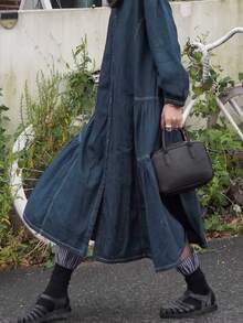 FRIFUL Women's Casual Denim Dress With Round Neck, Drop Shoulder, Long Sleeve, Single-Breasted, And Ruffle Hem - Blue - View 8