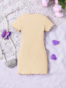 SHEIN Tween Girl Basic Casual Spring/Summer Knit Round Neck Fitted Butterfly Applique Dress - Apricot - View 2